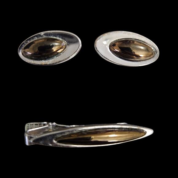 Anson Silver Tone & Copper Oval Cufflinks w/ Tie Clip Vintage Set - Picture 1 of 10